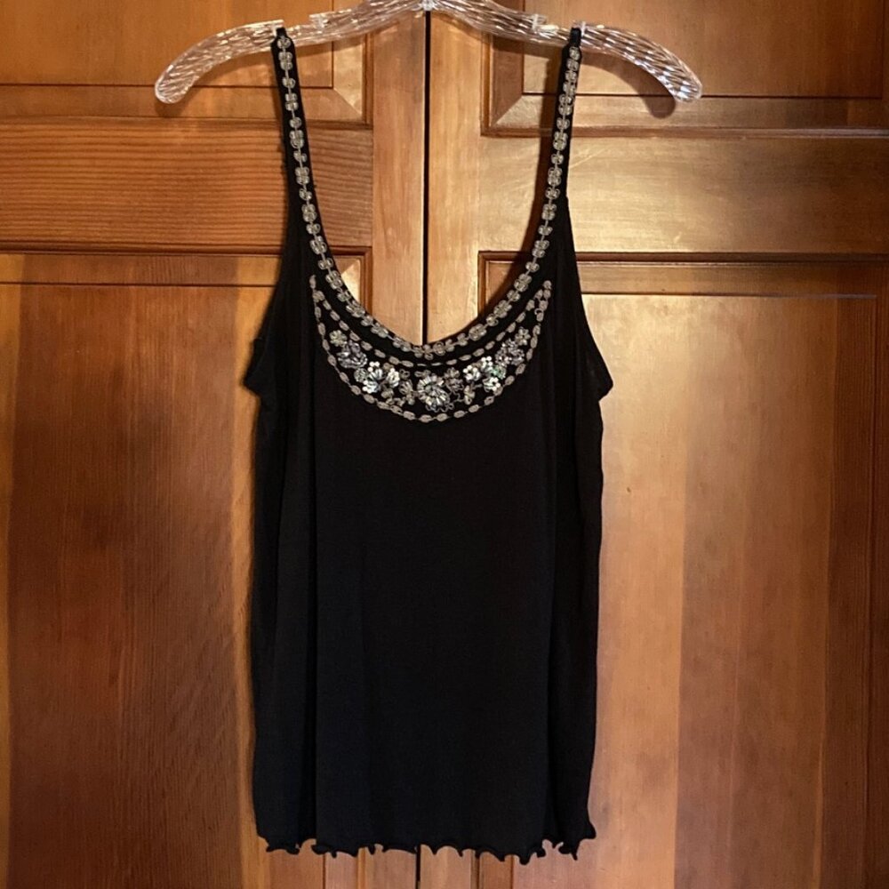 Black Cotton Tank Top With Beaded Neckline - Adjustable Straps - Size Large